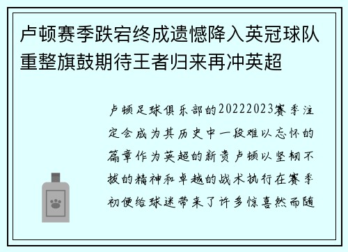 卢顿赛季跌宕终成遗憾降入英冠球队重整旗鼓期待王者归来再冲英超