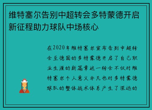 维特塞尔告别中超转会多特蒙德开启新征程助力球队中场核心 维特塞尔告别中超转会多特蒙德开启新征程助力球队中场核心